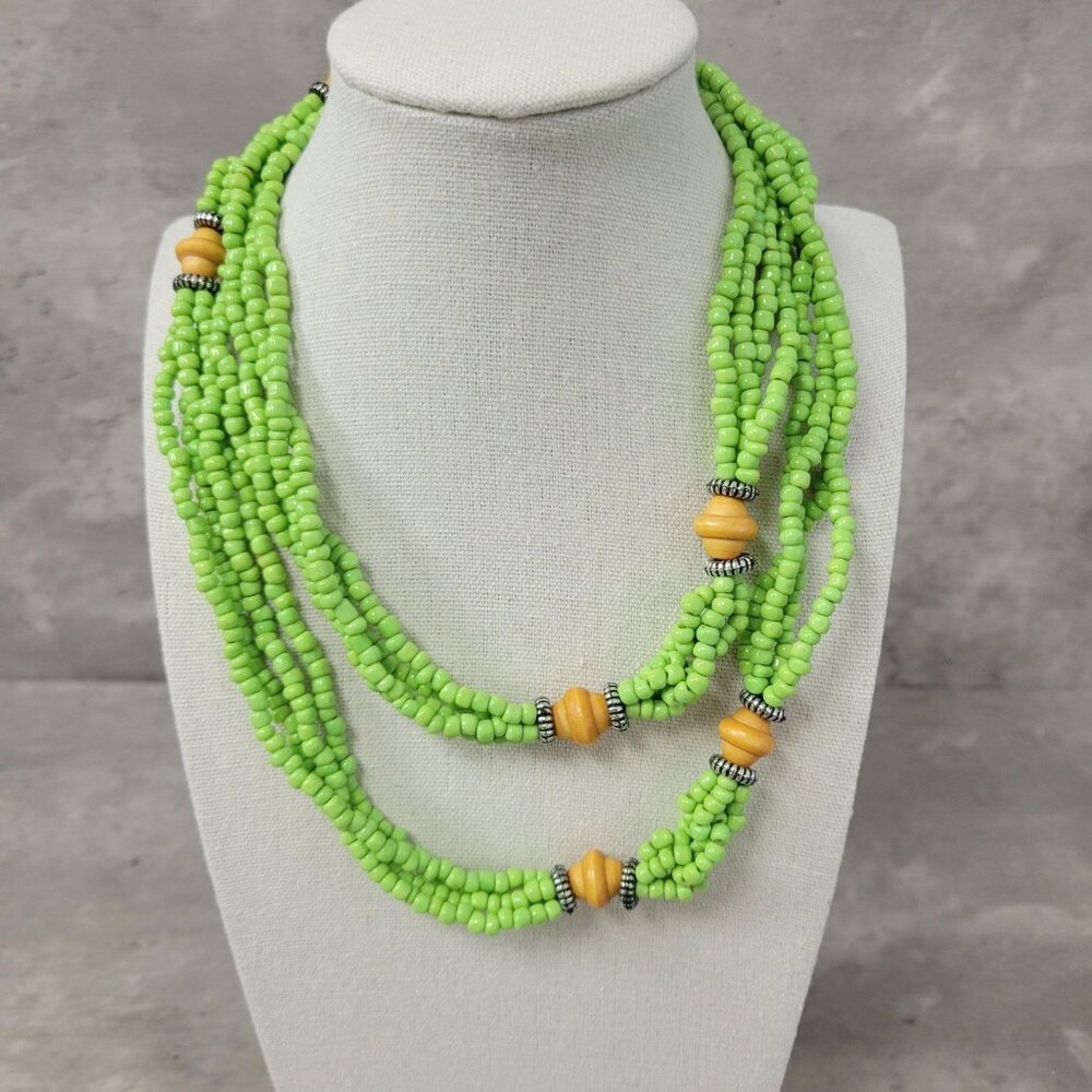 Green Multi Strand Beaded Necklace Layered Statement Wood Accent 16 Inch Jewelry